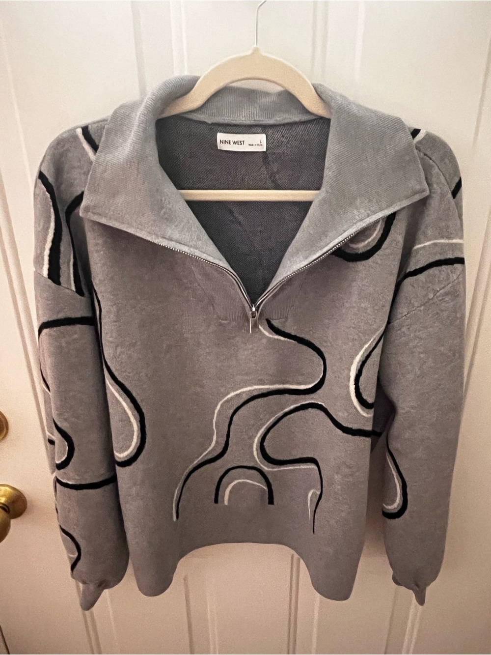Nine West Gray Zip-Neck Sweater with Abstract Design-Size L